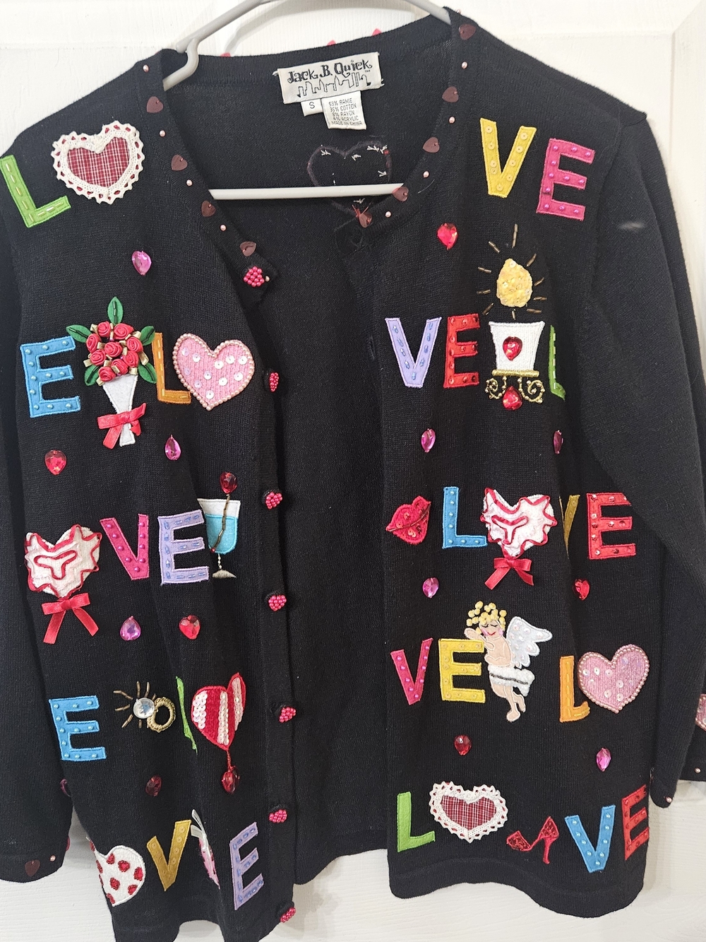 Jack B Quick Vintage Novelty Cardigan Small 3D Black Love Heart 90s Grandma Y2K